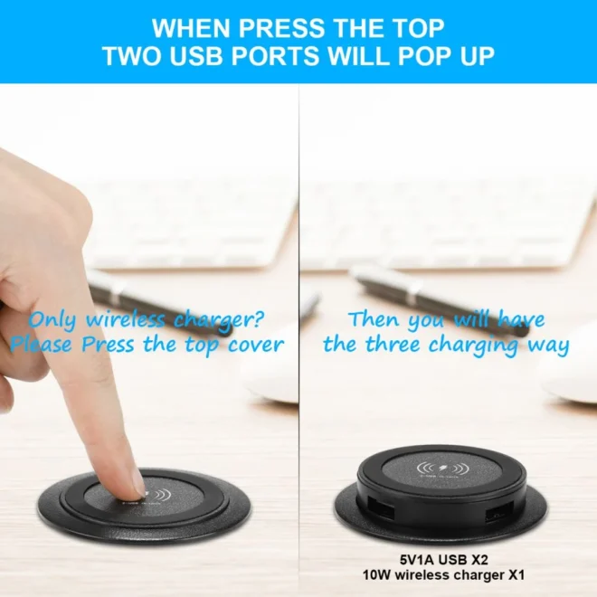 Best Selling Desktop Embedded Qi Wireless Phone Charger USB Ports for Furniture - Image 5