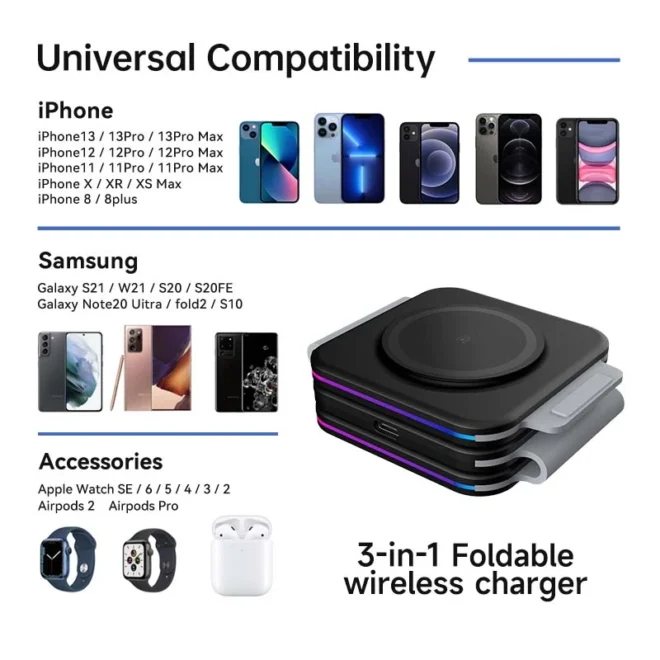 folding foldable 3in1 wireless charger station three in one wireless charger for iPhone earbuds Apple watch - Image 4