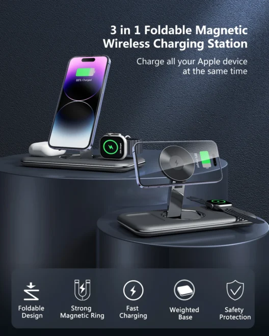 15W foldable three in one wireless charger customize 3in1 magnetic folding wireless charging 3 in 1 wireless charger - Image 3